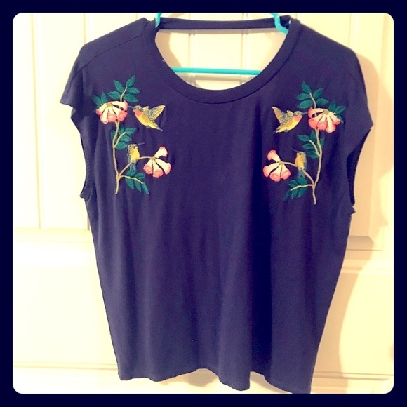 Navy Blue hummingbird Crop Top w/ open back - Picture 2 of 5